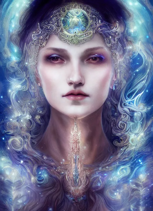 Prompt: a photographic portrait of a esoteric goddess created out of starlight and mist, cinematic, volumetric lighting, beautiful fantasy, intricate, elegant, highly detailed, digital painting, artstation, concept art, smooth, sharp focus, illustration, art by ayami kojima, artgerm and h r giger and alphonse mucha