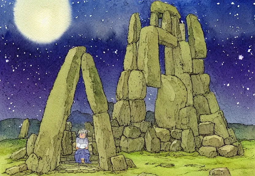 Image similar to a simple watercolor studio ghibli movie still fantasy concept art of a giant native man sitting on a tiny stonehenge in machu pichu. it is a misty starry night. by rebecca guay, michael kaluta, charles vess