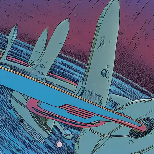 Image similar to the crew of the enterprise - d on the style of jean giraud moebius