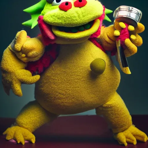 Image similar to A still of Bowser as a muppet, photo real, photographic, photograph, artstation, trending, award winning, epic lighting, featured