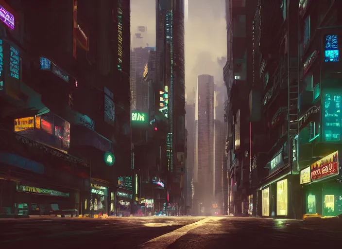 Image similar to a digital painting of a city street at night, cyberpunk art by makoto shinkai, tumblr, photorealism, matte painting, rendered in unreal engine, rendered in cinema 4 d