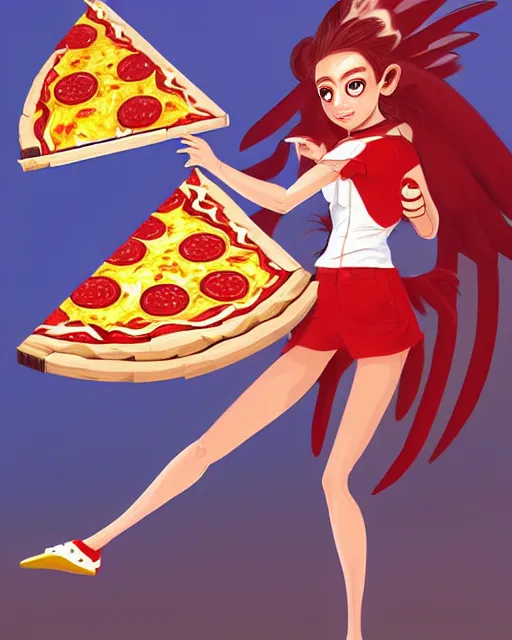 Image similar to female harpy as a pizza delivery woman, bird human hybrid with feathery bird arms and talon bird feet, holding a cardboard pizza box, wearing a pizza delivery uniform. feathers for hair, cute, dynamic character design, stunning, highly detailed digital painting, artstation, stylized urban fantasy artwork, by artgerm and paul robertson