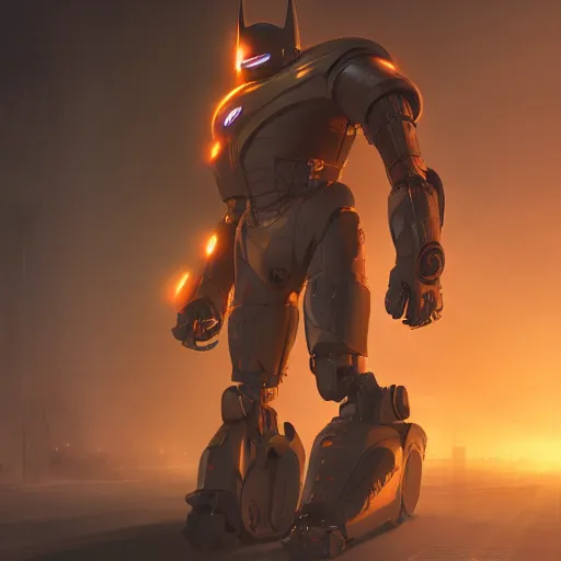 Prompt: concept render of an orange robot batman by cedric peyravernay and leon tukker