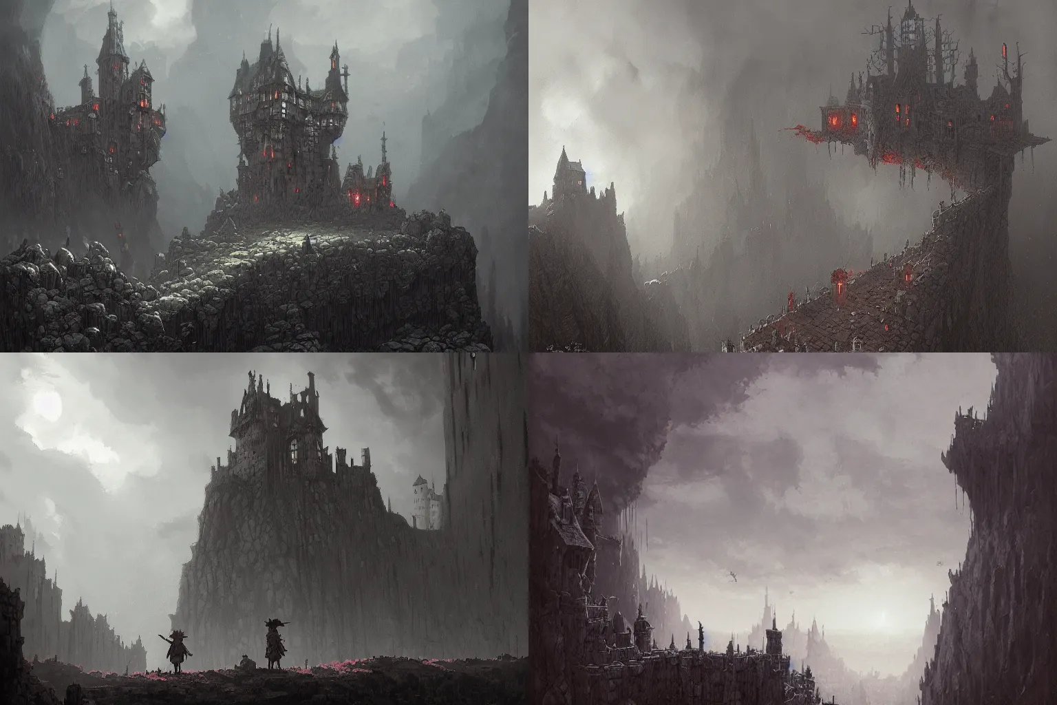 Prompt: castle over a chasm of hellfire by Jakub Rozalski, style of John Kenn Mortensen, coloring by Yoshitaka Amano