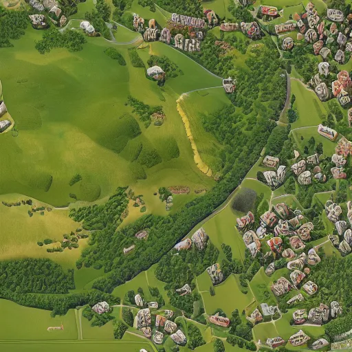 Image similar to miniature, h0, 1:87, Meadow, pathes, google earth, highly detailed, satellite image, game map, casual game, anno 1602, landscape