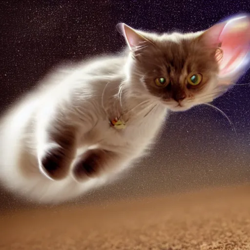 Prompt: photo of hyperspeed flying through outer space cat running fast with motion blur