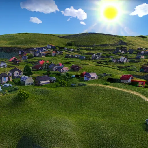 Image similar to green hill with fake clouds and fake sun, cloned houses, day, 8k, realistic, high details, volumetric light