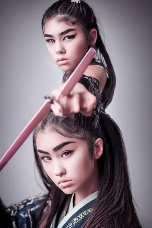 Image similar to highly detailed beautiful photo of madison beer as a young female samurai, practising her sword staces, symmetrical face, beautiful eyes, pink hair, realistic, 8 k, award winning photo, pastels colours, action photography, 1 / 1 2 5 shutter speed, sunrise lighting