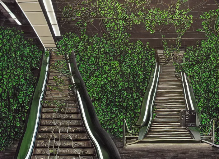 Image similar to an escalator in an abandoned mall in the 1 9 8 0 s, taken over by nature, covered in vines, nature style, hyperrealistic and beautiful painting, 8 k resolution, by hugh ferris and john smith, polished, fine detail, intricate, smooth, octane, concept art, trending on artstation