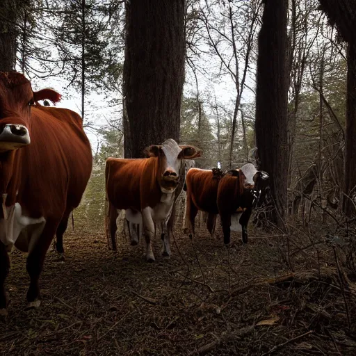 Image similar to DLSR photograph of several cows looking at the camera, in creepy forest, night-time, low lighting, eyes glinting