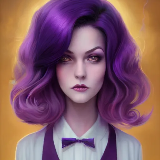 Image similar to beautiful tall secretary with purple hair, a horn on her head, a purple tuxedo, purple eyes, award winning photography, cinematic, digital painting, cinematic, wlop, 8 k, by ross tran, tom bagshaw