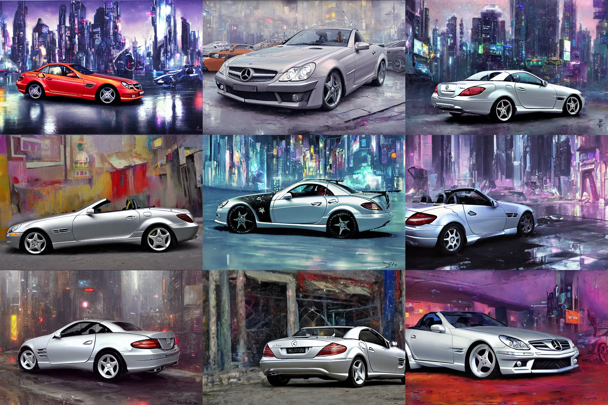 Prompt: a marketplace photo of a cyberpunk Mercedes SLK 280 2006, silver, by Paul Lehr