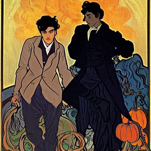 Image similar to painting of young cute handsome beautiful dark medium wavy hair man in his 2 0 s named shadow taehyung and cute handsome beautiful min - jun together at the halloween! party, bubbling cauldron!, candles!, smoke, autumn! colors, elegant, wearing suits!, delicate facial features, art by alphonse mucha, vincent van gogh, egon schiele