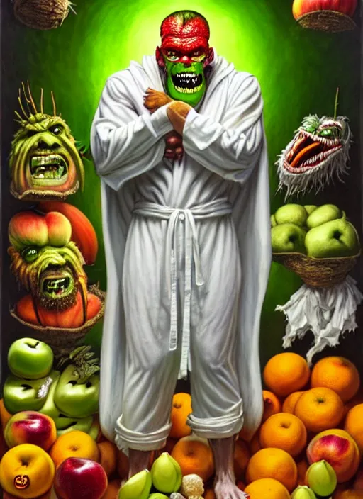 Image similar to full body shot of a monster man in a white toga, green skin, dressed in all white, clothes covered in different fruit, apples, oranges, bananas, intricate, highly detailed, concept art, hyperrealistic, oil painting by greg staples and tristan eaton, 8 k