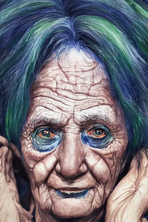 Image similar to portrait of a old person with aquarelle painted skin. close up, very dark blue-green hair, luminous eyes, dark flower pattern wallpaper background, high detail, by Eddie Mendoza