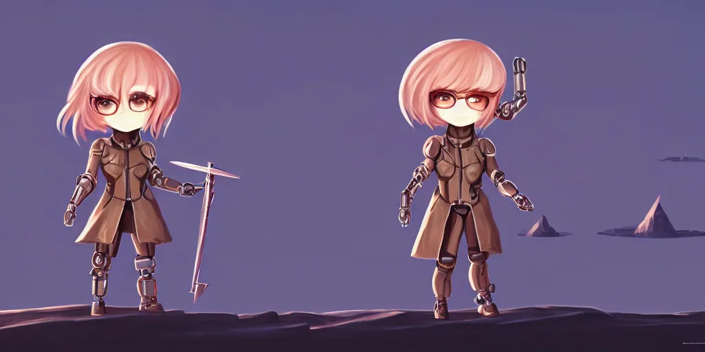 Image similar to a chibi cybernetic mutant wearing a long trenchcoat, surrounded by salt dunes, matte oil painting, game paper doll, retrofuturistic, science fantasy, plants, rust, chrome, lgbt, queer, rpg, epic, dungeons & dragons, sacred, sharp focus, award - winning, extremely detailed, 4 k, 8 k