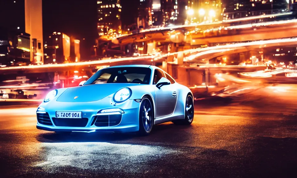 Image similar to photo of a porsche 911 at night driving fast through a city, cinematic, 4k, long exposure photography, tokyo drift, fast and furious, film still, night photography, motion blur, lens flare