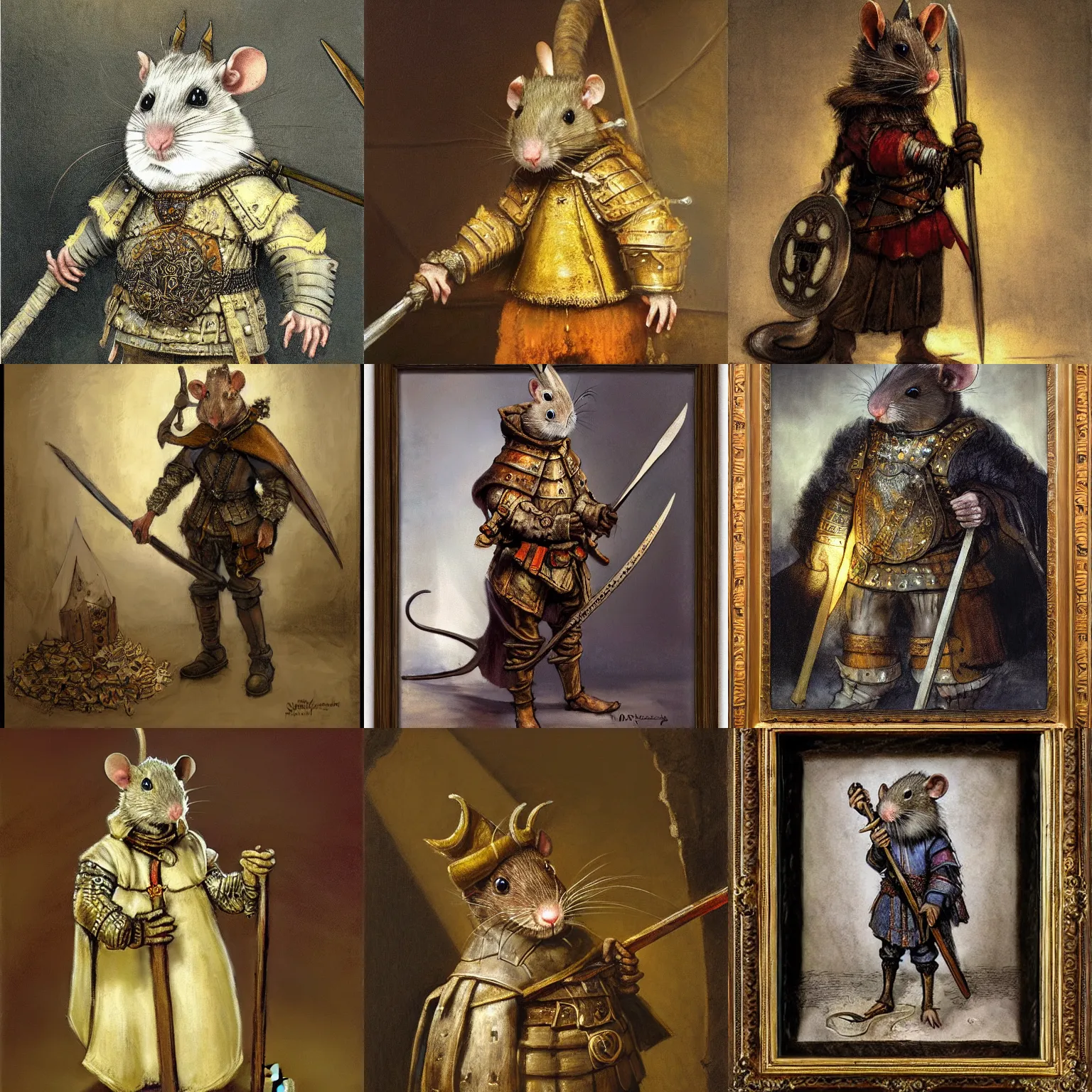 Prompt: a rat wearing a dnd cleric's outfit, soft portrait, complete with a tabard and suit of armor and intricate wooden staff, magical realism, ray swanland, gary chalk, ( rembrandt )