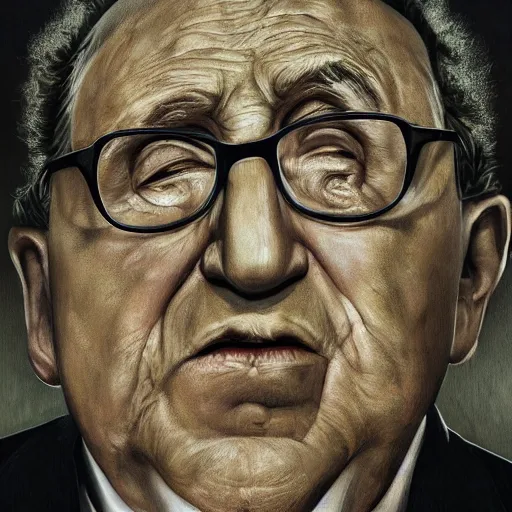 Prompt: a horror portrait of henry kissinger, hyper realistic, octane render, masterpiece portrait painting. dark, moody, ( black oil drips from his mouth and eyes ), abstract brush strokes, inner glow.