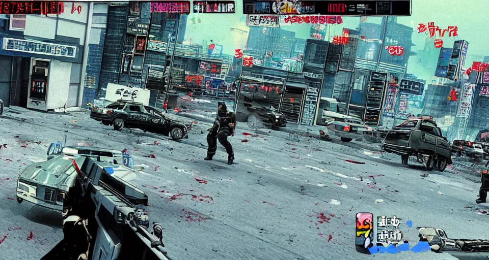 Image similar to 1993 Video Game screenshot for Akira style Anime Neo-tokyo Cyborg bank robbers vs police, Set inside of the Bank, Open Bank Vault, Multiplayer set-piece Ambush, Tactical Squads :10, Police officers under heavy fire, Destructible Enviorments, Gunshots, Bullet Holes and Anime Blood Splatter, :10 Gas Grenades, Riot Shields, MP5, AK45, MP7, P90, RPG, Chaos, Anime Machine Gun Fire, Gunplay, Shootout, :14 80s anime style, FLCL + GOLGO 13 :10, Created by Katsuhiro Otomo + Studio Gainax: 20