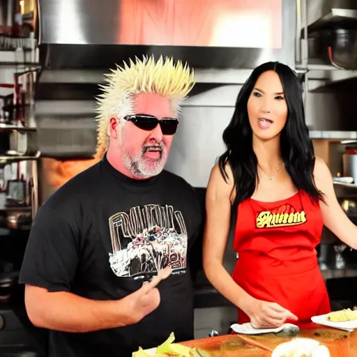 Image similar to olivia munn and guy fieri cooking in a restaurant