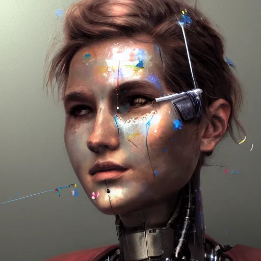 Prompt: artist crying as a robot paints a magnificent picture, high resolution, highly detailed, digital art, artstation