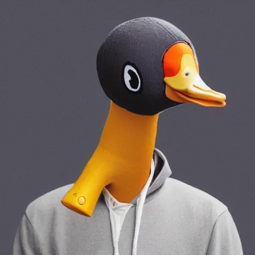 Prompt: a realistic duck wearing headphones and a hoodie