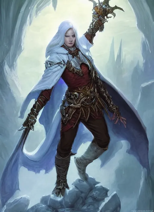 Image similar to white cloak, ultra detailed fantasy, dndbeyond, bright, colourful, realistic, dnd character portrait, full body, pathfinder, pinterest, art by ralph horsley, dnd, rpg, lotr game design fanart by concept art, behance hd, artstation, deviantart, hdr render in unreal engine 5