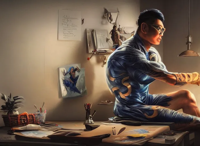 Image similar to an insanely detailed painting of an asian man wearing a homemade superhero costume, sitting at a desk, staring seriously at the computer and typing, in the style of peter mohrbacher, james jean, artgerm, dramatic lighting and composition, surreal background, octane render, pixar, trending on artstation, concept art, comic book, view from behind, 8 k