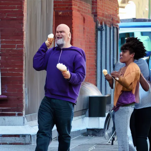 Prompt: Thanos enjoying an ice cream cone in Brooklyn