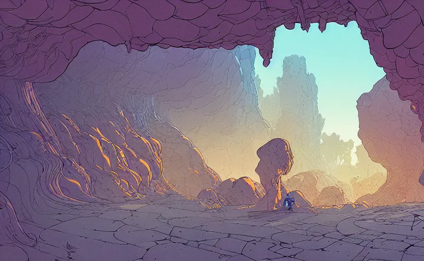 Prompt: natural cave wall, dynamic light, some old objects on the ground, mist low over ground, illustration by josan gonzales and moebius, clean line