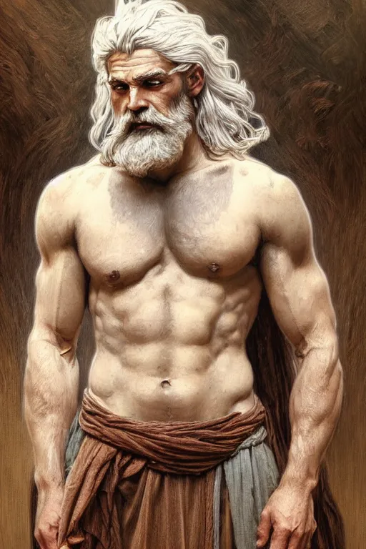 Prompt: painted portrait of rugged zeus, god of thunder, greek god, white hair, masculine, mature, handsome, upper body, muscular, hairy torso, fantasy, intricate, elegant, highly detailed, digital painting, artstation, concept art, smooth, sharp focus, illustration, art by gaston bussiere and alphonse mucha