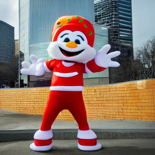 Prompt: Jollibee mascot destroying a city, stepping on a building