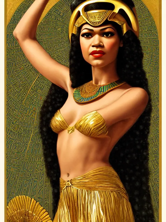 Prompt: zendaya as the Egyptian goddess isis the lady of the fertile Nile, a beautiful art nouveau portrait by Gil elvgren, Nile river environment pyramids water garden , centered composition, defined features, golden ratio, gold jewelry