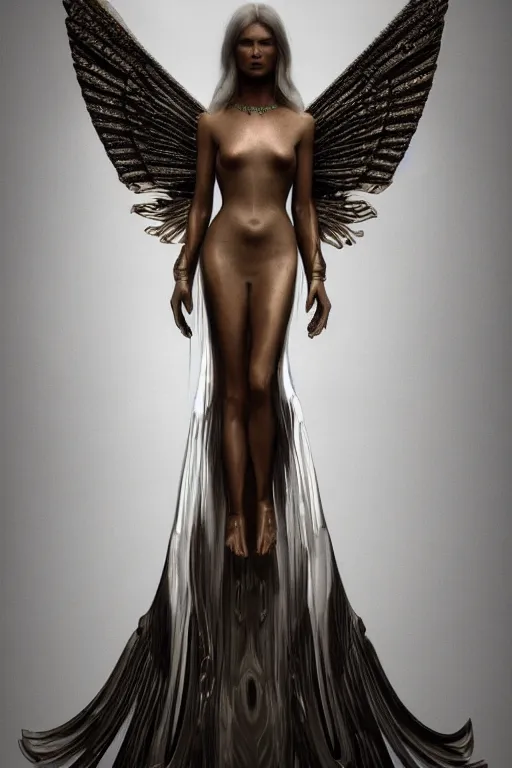 Prompt: a realistic moody photo of a beautiful ancient alien woman goddess kate moss nymph angel standing in iris van herpen dress jewelery and fractals in style of alphonse mucha art nuvo dmt trending on artstation made in unreal engine 4