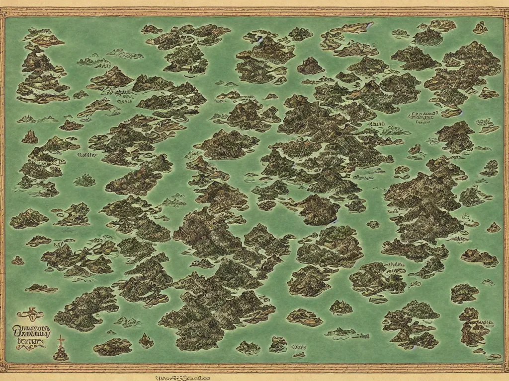 Image similar to an incredibly detailed map of a fantasy world with elaborate biomes and illustrations