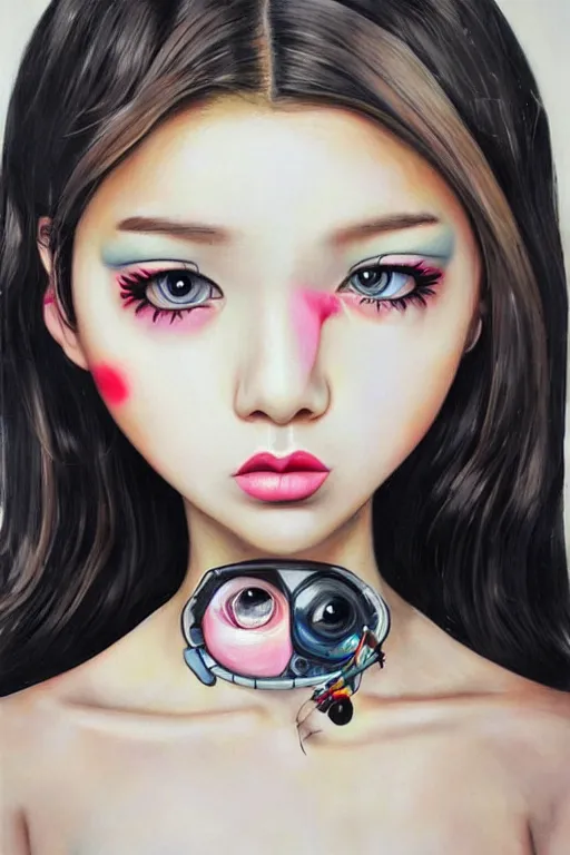 Image similar to pop surrealism, lowbrow cute girl painting, hyper realism, robotic girl, japanese street fashion