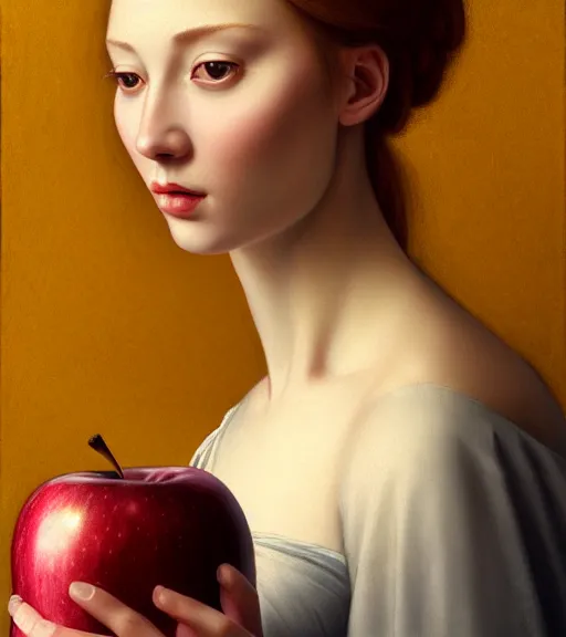 Image similar to portrait of a woman with an apple sitting upon a table with heightened detail, poised, intense emotion, detailed facial expression, detailed surroundings, intricate, elegant, highly detailed, centered, digital painting, artstation, concept art, smooth, sharp focus, illustration, by ( leonardo da vinci ), wlop