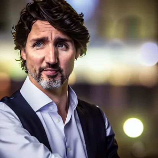 Prompt: a close up still of Justin Trudeau. He's lookin at you. He's wearing a suit, dark. Studio lighting, shallow depth of field. Professional photography City at night in background, lights, colors,4K