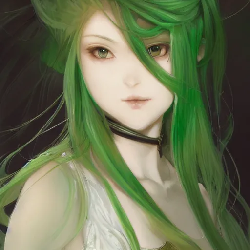 Image similar to girl with long light green hair, light green eyes, a small pigtail on the left side, chinese dress, anime style, hyper detailed, illustration, digital painting, art by artgerm and greg rutkowski and alphonse mucha, high delicate defined details, anime stylized, highly detailed, realistic, sharp focus, artstation