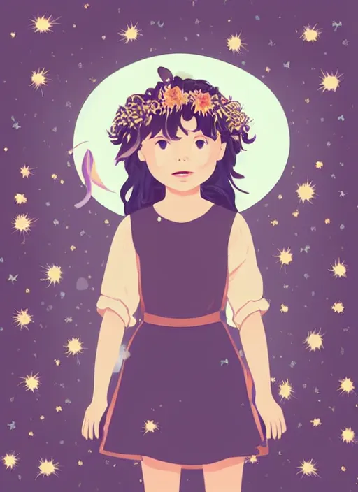 Image similar to little girl with wavy curly light brown hair. wearing a flower crown and chasing fireflies in the woods. clean cel shaded vector art. shutterstock. behance hd by lois van baarle, artgerm, helen huang, by makoto shinkai and ilya kuvshinov, rossdraws, illustration, art by ilya kuvshinov