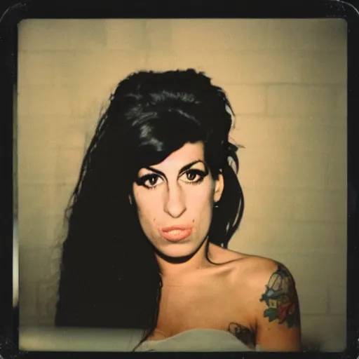 Image similar to a polaroid of amy winehouse in the east village at night, raining!