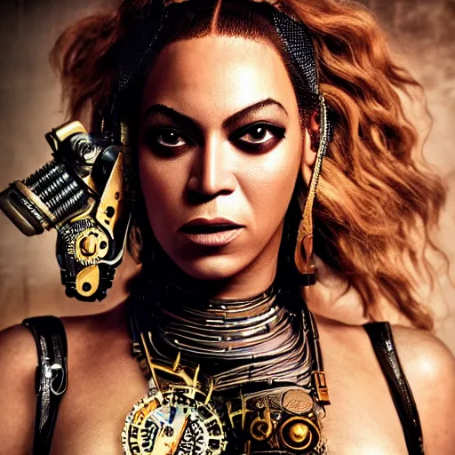 Image similar to beyonce steampunk cyborg, movie poster, sharp focus, contemporary fashion shoot, by edward robert hughes, annie leibovitz and steve mccurry, david lazar, jimmy nelsson, extremely detailed, hyperrealistic, perfect face, octane render