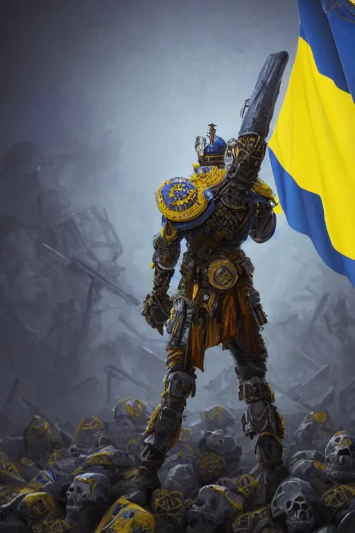 Image similar to a distant shot from behind of a Ukrainian super soldier with blue and yellow flag behind him standing alone on a huge pile of skulls as a winner, masculine muscular figure, D&D, fantasy, intricate, elegant, highly detailed, extremely detailed, rim lighting, octane render, 8k, digital painting, artstation, concept art, matte, sharp focus, symmetrical, illustration, art by Artgerm and Greg Rutkowski and Alphonse Mucha