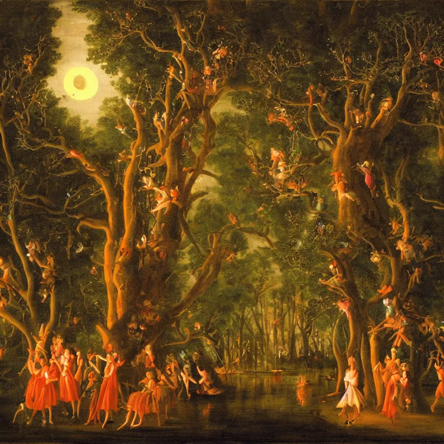 Image similar to a night carnival around a magical tree cavity, with a surreal orange moonlight and fireworks in the background, next to a lake with iridiscent water, christmas lights, folklore animals and people disguised as fantastic creatures in a magical forest by summer night, masterpiece painted by pompeo girolamo batoni, dark night environment