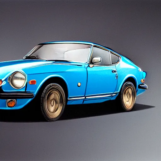 Image similar to a photorealistic image of a blue 1975 Datsun 260Z