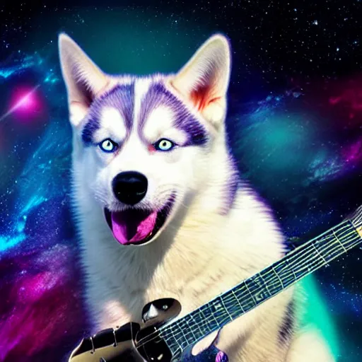 Image similar to Heterochromia Husky with scars holding an electro guitar with the background of a burning skull in space