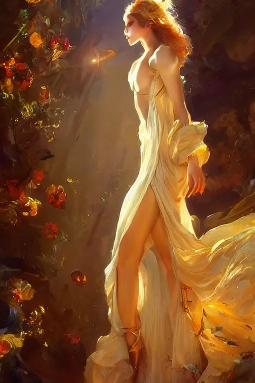 Image similar to cyberpunk beautiful girl, light body golden armor, flowing gown by vladimir volegov and alexander averin and delphin enjolras and daniel f. gerhartz