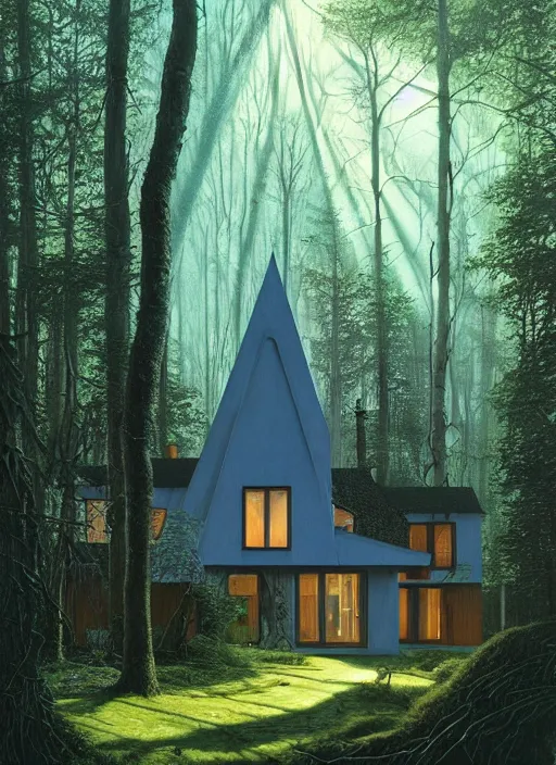 Image similar to hyper realistic witchy modern house with mood lighting and tech in the woods gorgeous lighting, sunbeams blue sky, highly detailed, lush forest foliage painting by zdzisław beksinski and norman rockwell and greg rutkowski weta studio, and lucasfilm