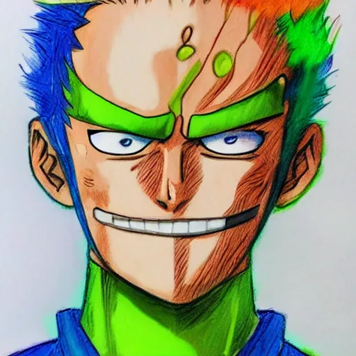 Image similar to colourful pencil sketch of zoro from one piece using mops, beautiful, masterpiece, digital art, detailed, trending on artstation